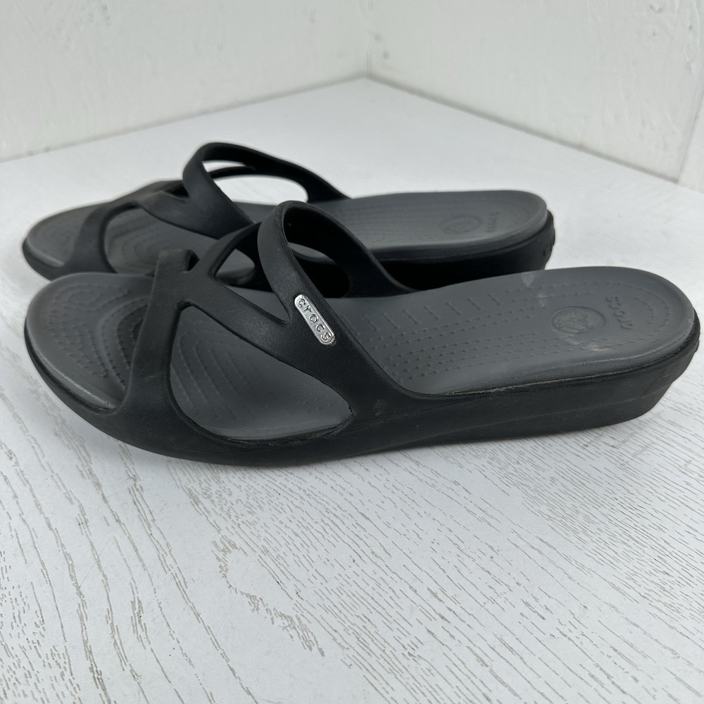 Crocs Hilga Wedge Cut Out Sandals Womens Size 11 Black Gray Comfort Strappy Shoe - Picture 3 of 6